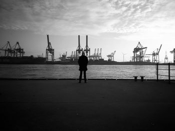 Full length rear view of man viewing harbor cranes