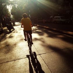 Rear view of man riding bicycle on road