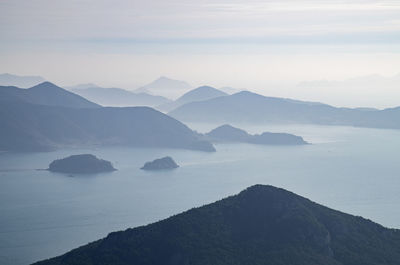 Scenic view of sea and mountains against sky