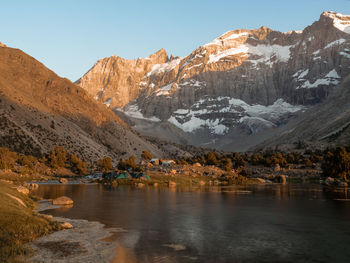 Scenic view of lake and snowcapped mountains against sky