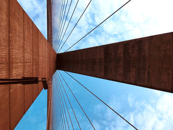 Low angle view of suspension bridge against sky