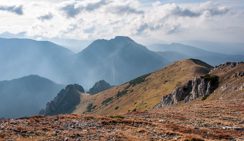 Scenic view of mountains against cloudy sky