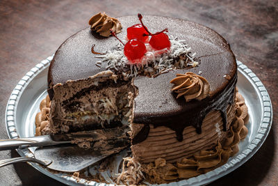 Close-up of chocolate cake in plate