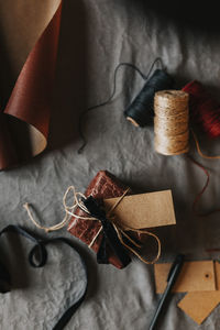 High angle view of wrapped present