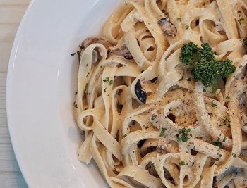 Directly above shot of pasta in plate