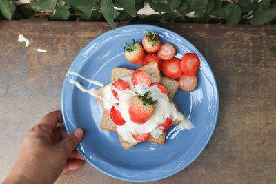 High angle view of hand holding fruits in plate