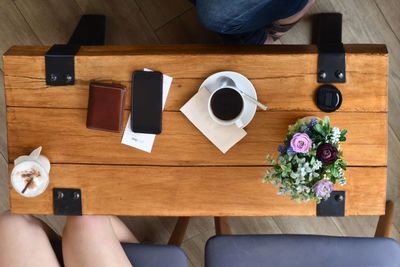 High angle view of coffee cup on table