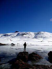 Rear view of man standing on snowcapped mountain against clear blue sky