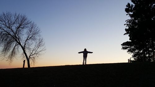 Silhouette man standing on bare tree against clear sky