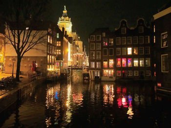 Reflection of illuminated buildings in canal at night