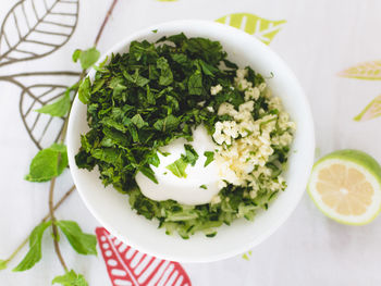 High angle view of salad in plate on table