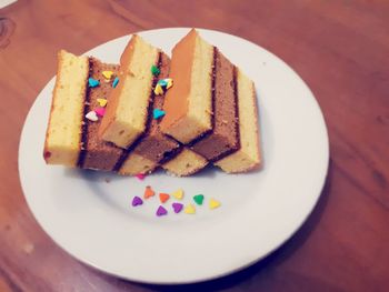 High angle view of cake in plate on table