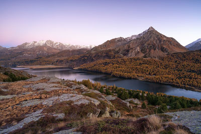 Scenic view of lake and mountains against clear sky