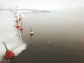 Buoys on frozen lake