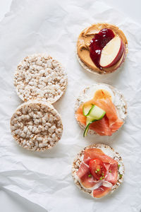 High angle view of breakfast served on table