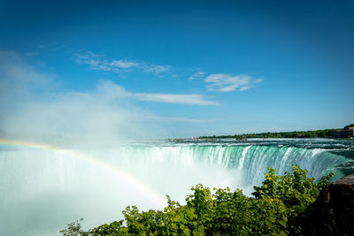 Niagara falls on canadian side on a sunny day with beautiful rainbow.