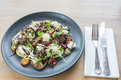 High angle view of breakfast in plate