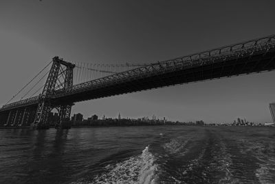 Suspension bridge over river against sky