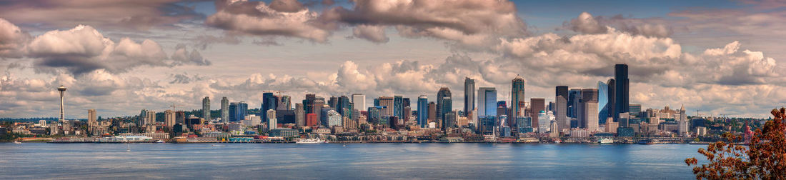 Panoramic view of modern buildings in city against sky