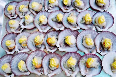 Full frame shot of scallops with butter