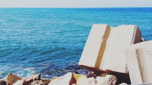 Close-up of sea shore against sky