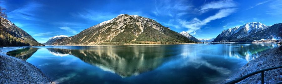 Panoramic view of lake and mountains against blue sky