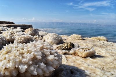 Close-up of rocks in sea against sky