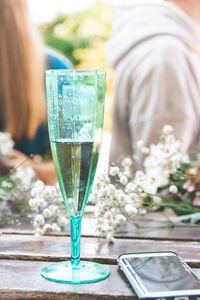 Close-up of beer glass on table