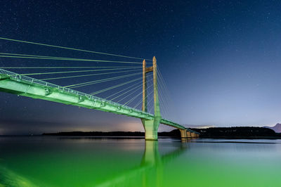 Bridge over river against sky at night