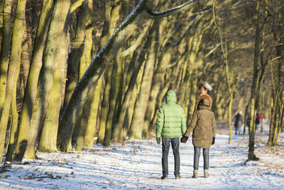 Rear view of two people walking in snow