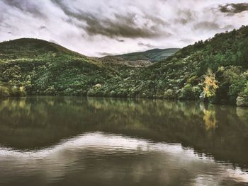 Scenic view of lake and mountains against sky