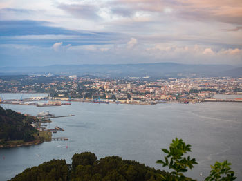 High angle view of buildings and sea against sky