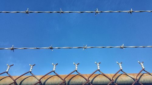Low angle view of barbed wire against clear sky