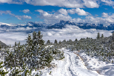 Scenic view of snowcapped mountains against sky