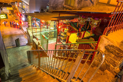 High angle view of illuminated market stall