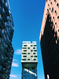 Low angle view of modern buildings against clear blue sky