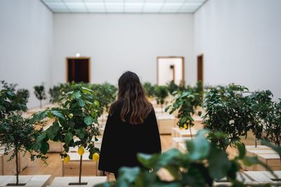 Rear view of woman standing by potted plants