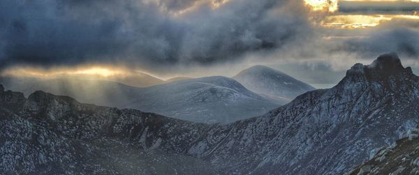 Panoramic view of snowcapped mountains against sky during sunset