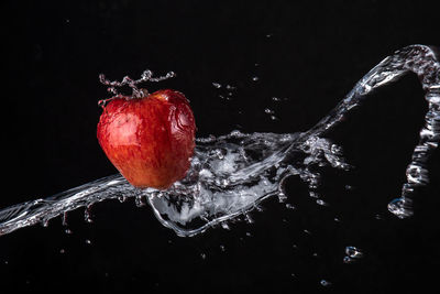 Close-up of apple on water against black background