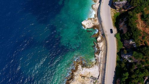 High angle view of beach against blue sky