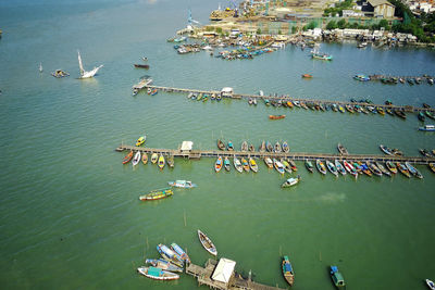 High angle view of boats moored in sea