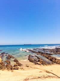 Scenic view of sea against clear blue sky