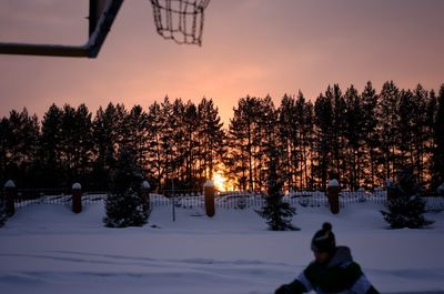 Silhouette trees on snow covered landscape during sunset