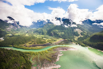 Aerial view of the stave river flowing into stave lake, mission, b.c.