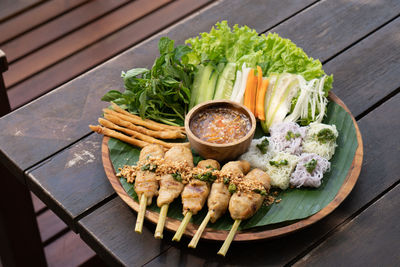 High angle view of food in plate on table