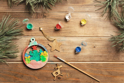 High angle view of christmas decorations on table