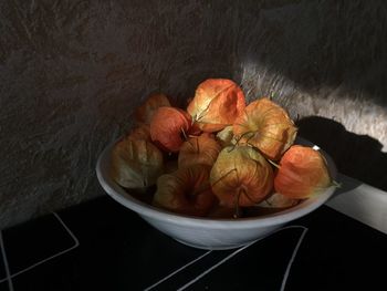 High angle view of fruits in bowl on table