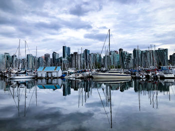 Sailboats moored in harbor