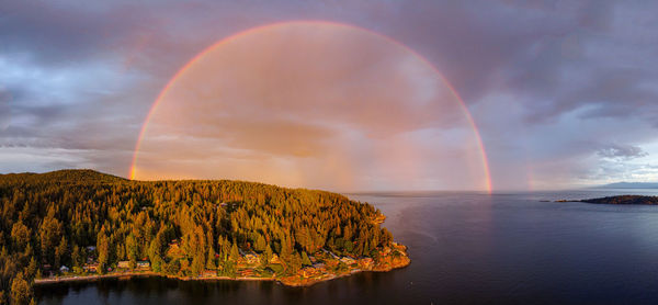 Scenic view of rainbow over sea against sky