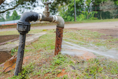 Close-up of water pipe on field